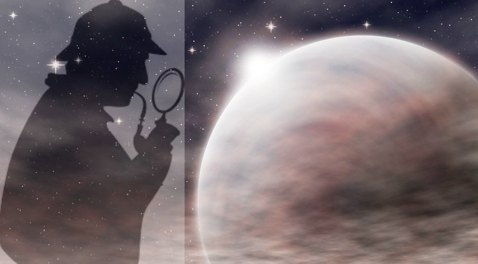 inspector looking at the moon with looking glass